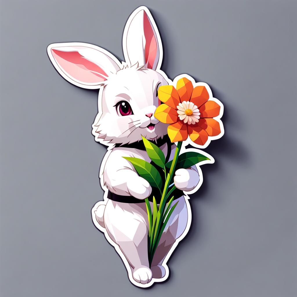 Low Poly Rabbit Sticker with Flower on White
