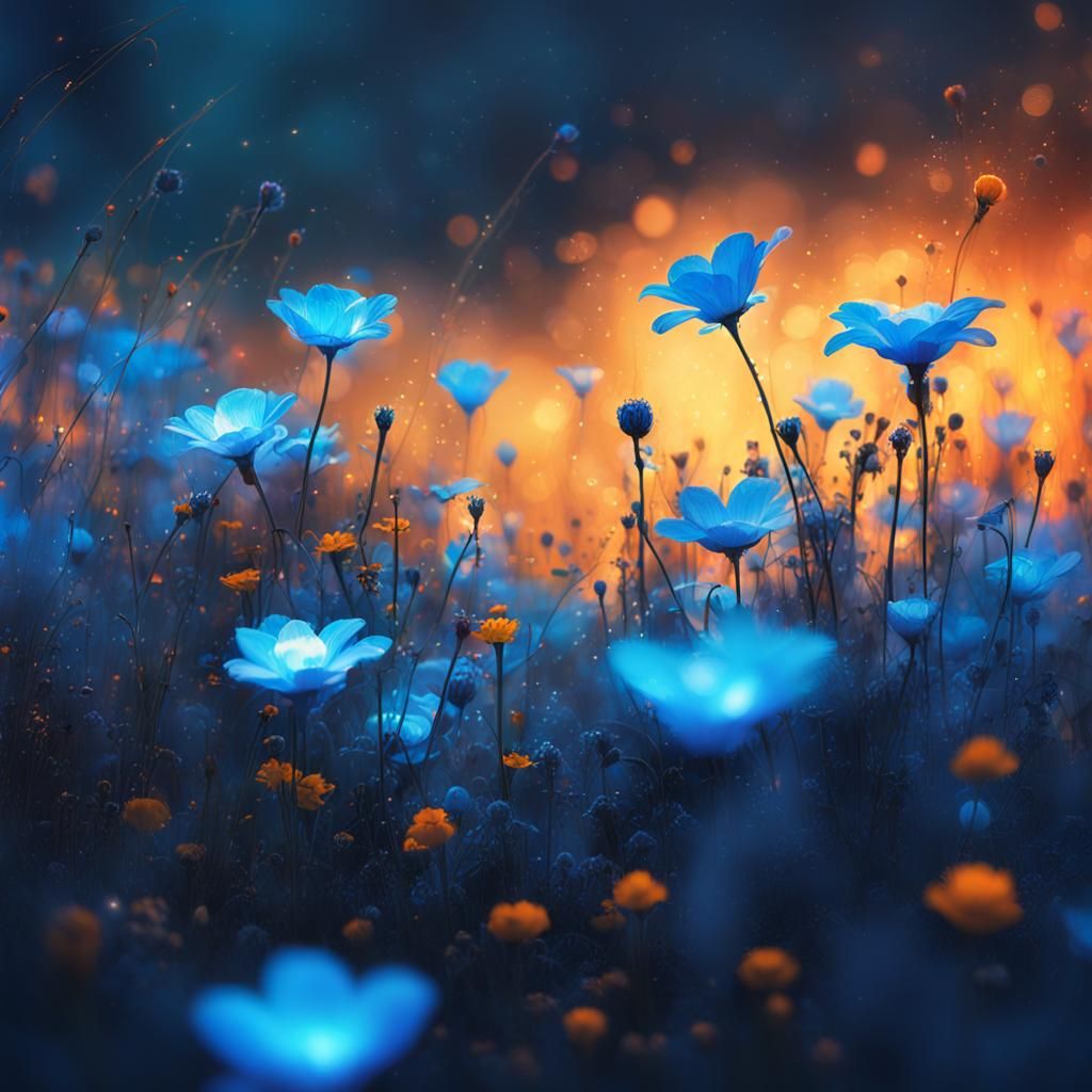 Bioluminescent Flower Field at Sunrise, Surreal Art