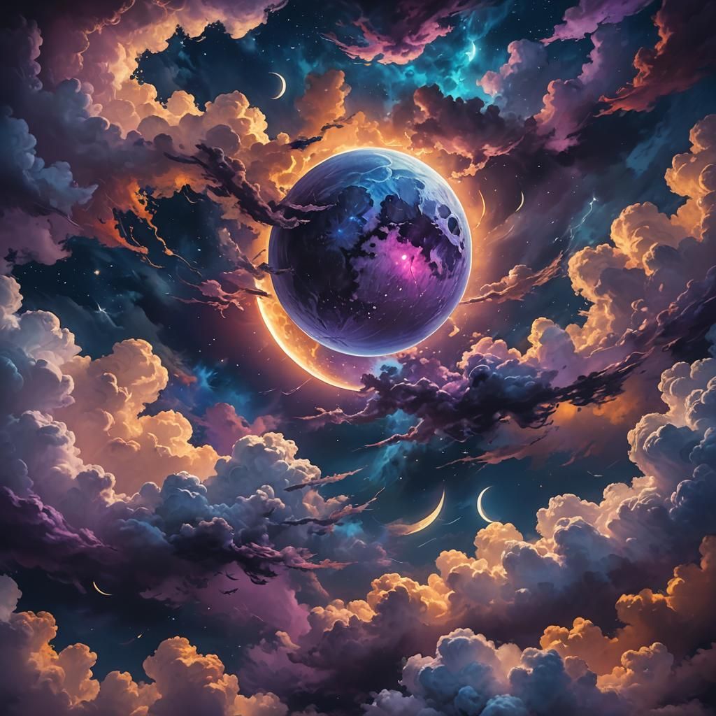 Twin Moons in Cloudy Sky: Fantasy Oil Painting