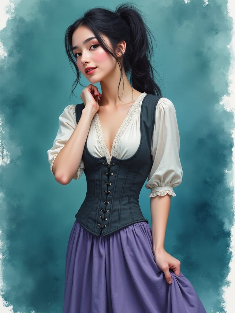 Coquettish Woman in Watercolor Portrait