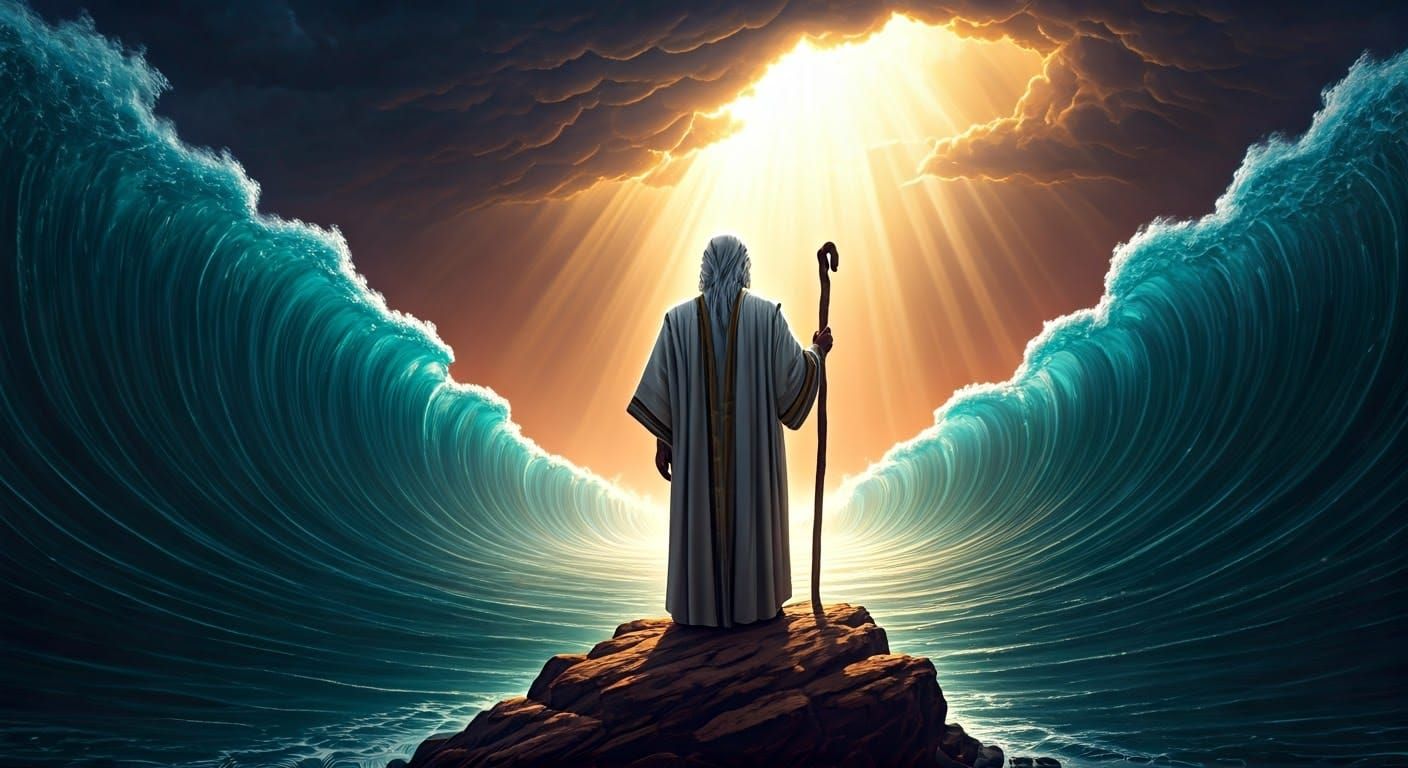 Moses Parting the Red Sea in a Surreal, Dreamlike Landscape