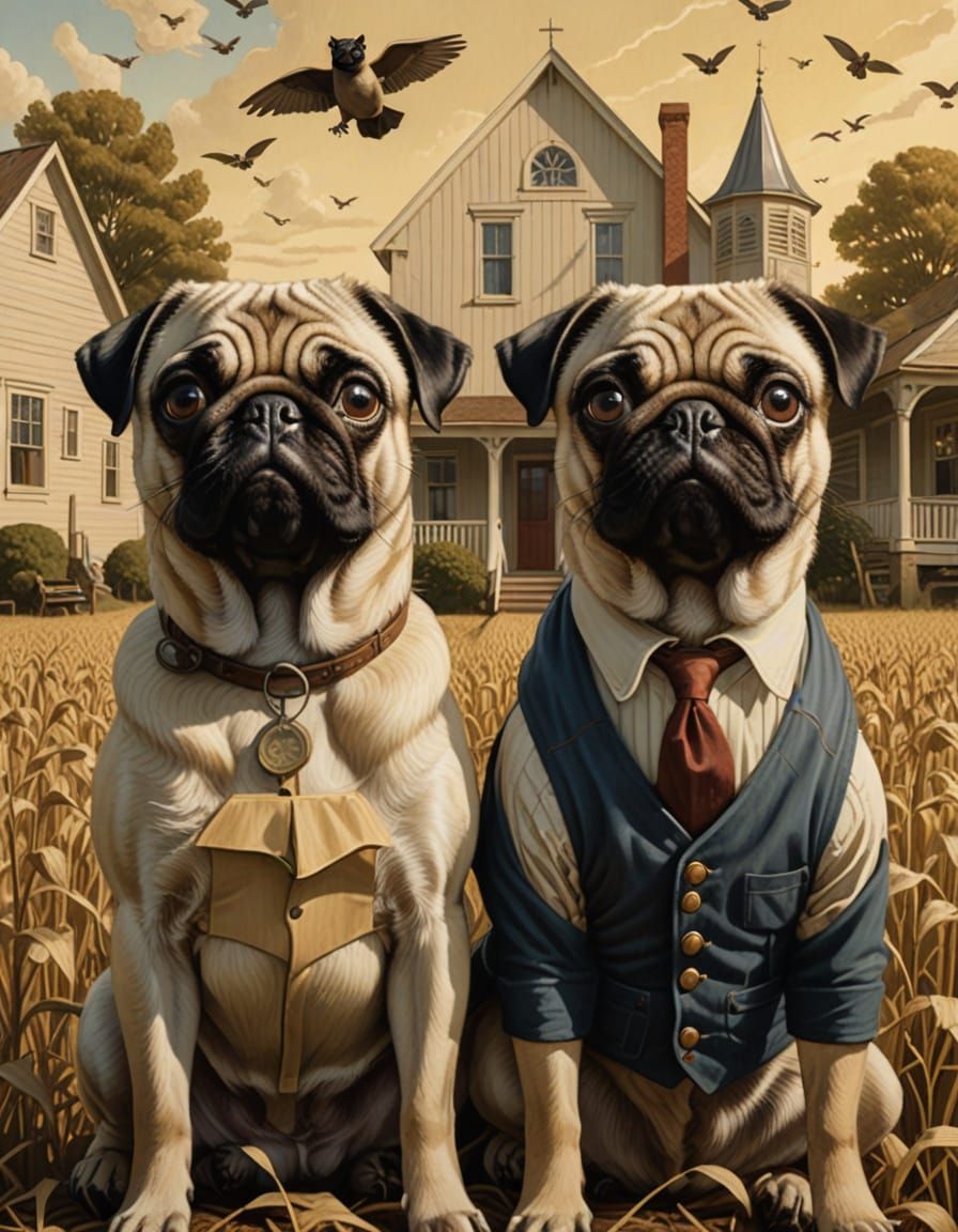 Pugs Fly in American Gothic Painting Style