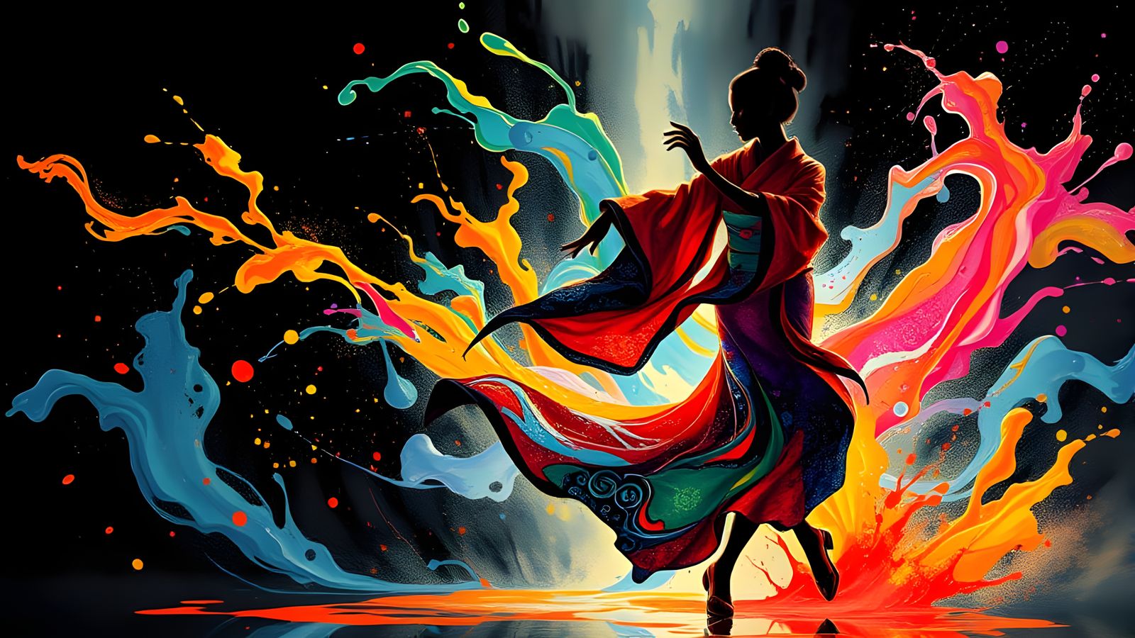 Surreal Dance of Colorful Paint and Kimono