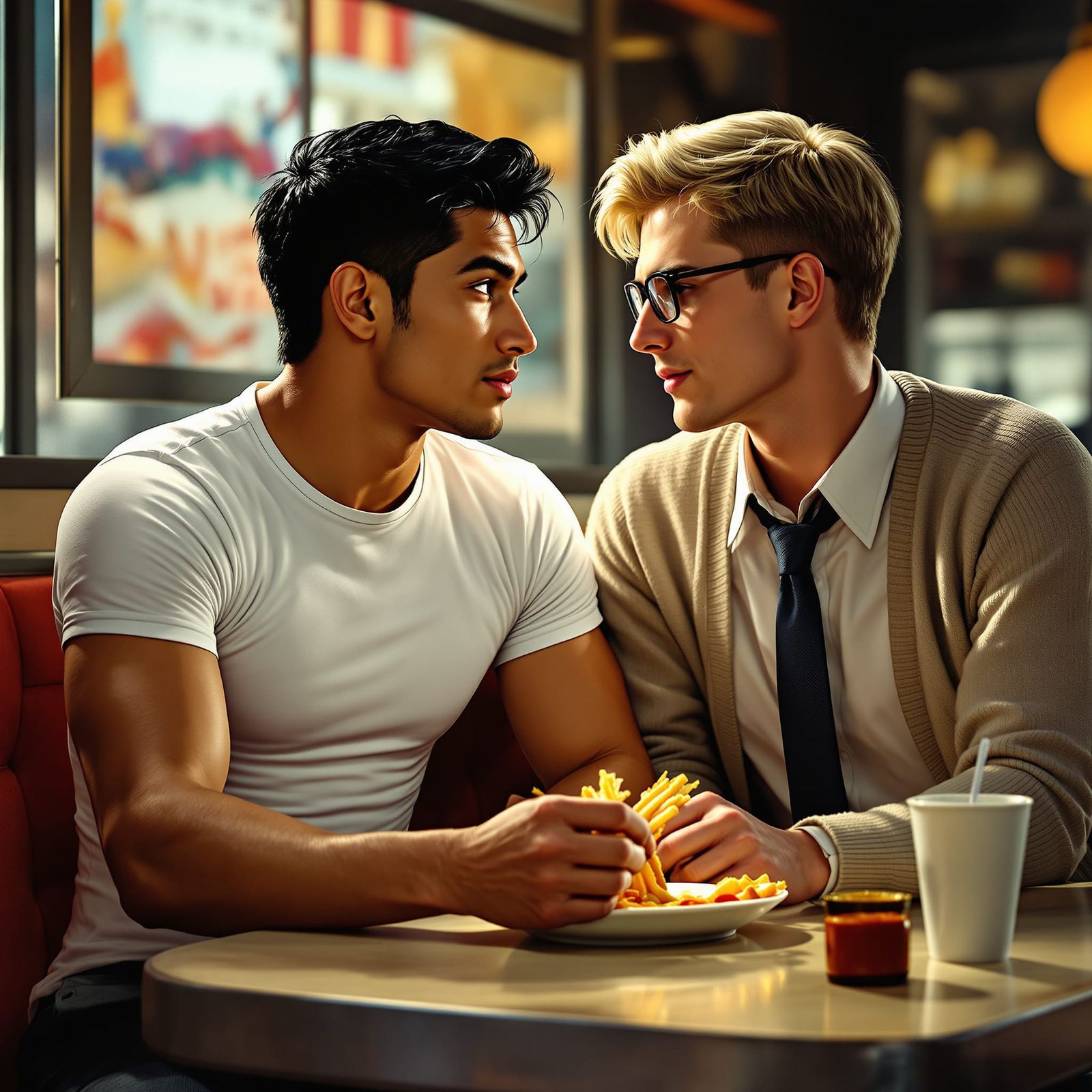 1950s Diner Scene: Two Young Men Connect