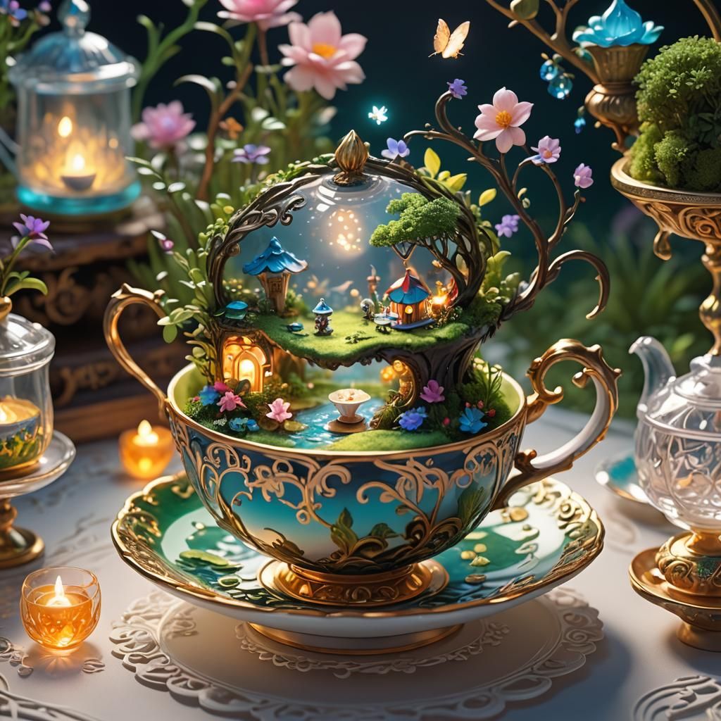 Miniature World Inside Teacup: 3D Anime Art
