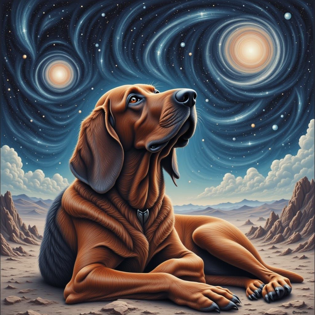 A majestic bloodhound with fur like a swirling galaxy, gazin...