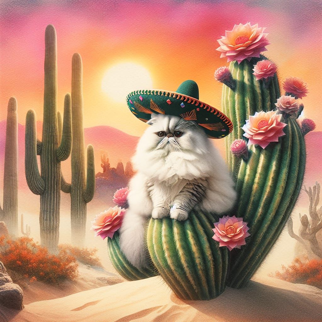 A whimsical scene of a fluffy white Persian cat wearing a tiny sombrero, sitting regally on a giant cactus that blooms a...