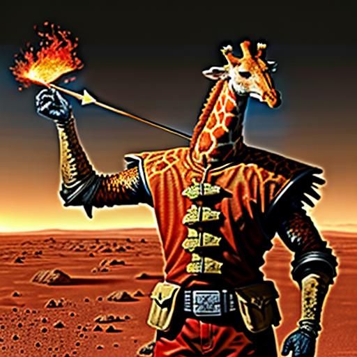 Surreal Giraffe on Mars with Fire, Ice, and Wings