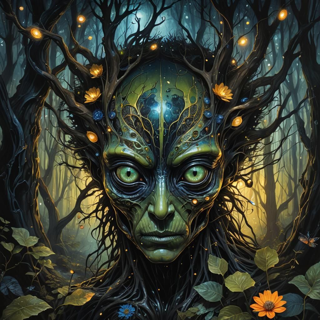 Alien Stargazing at Flower in Surreal Forest