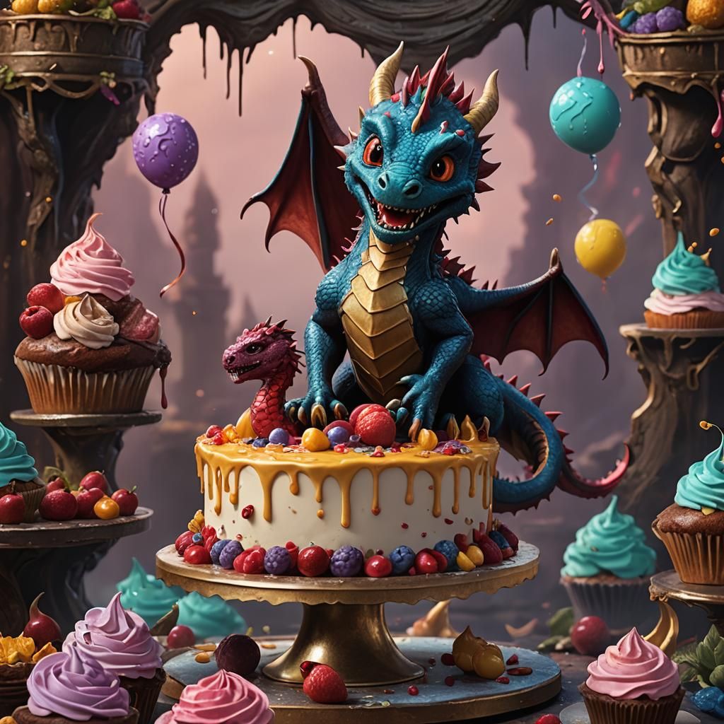 Sweet Baby Dragon Emerges from Cake: Fantasy Art