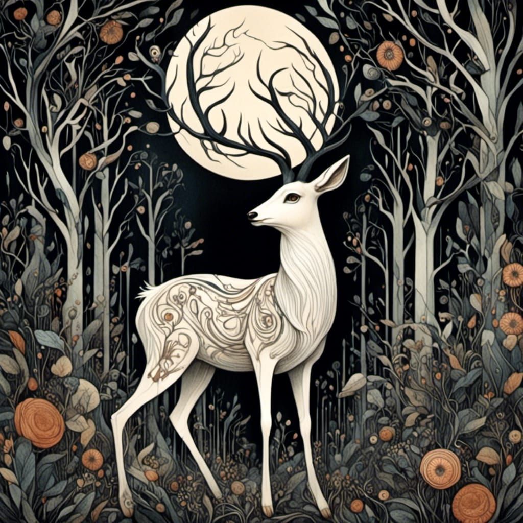 White Buck in Forest: Dark Whimsy Art Nouveau