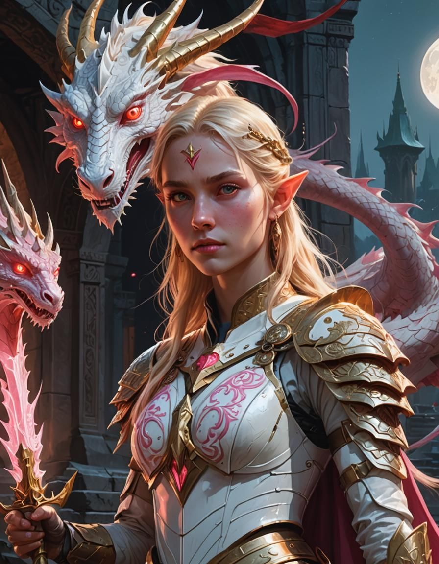 Elf Goddess with Dragon in Magical Armor