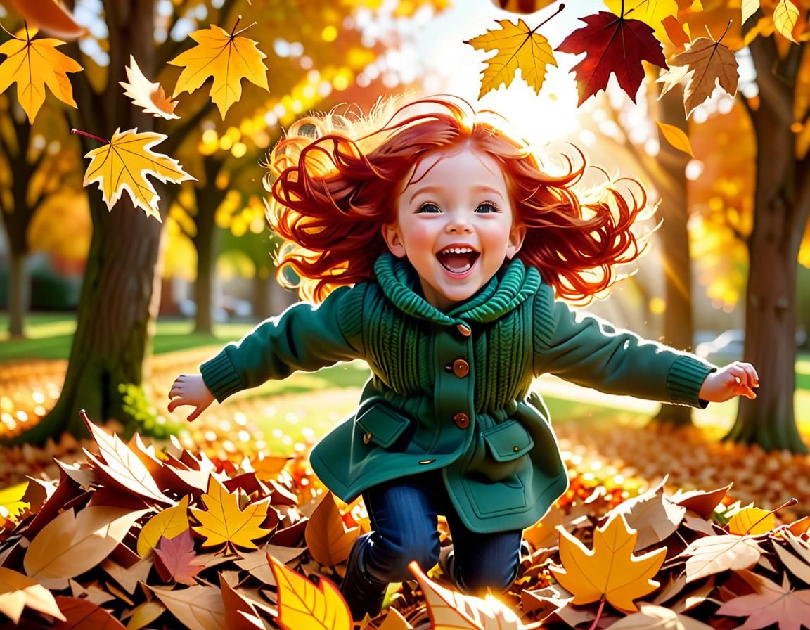 Redhead Girl Jumps into Autumn Leaves Pile