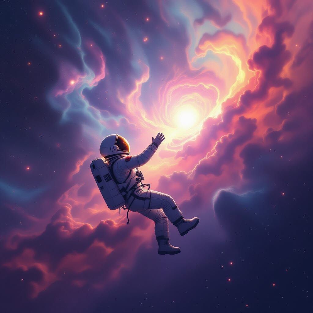 Astronaut Reaches for Cosmic Entity in Ethereal Nebula