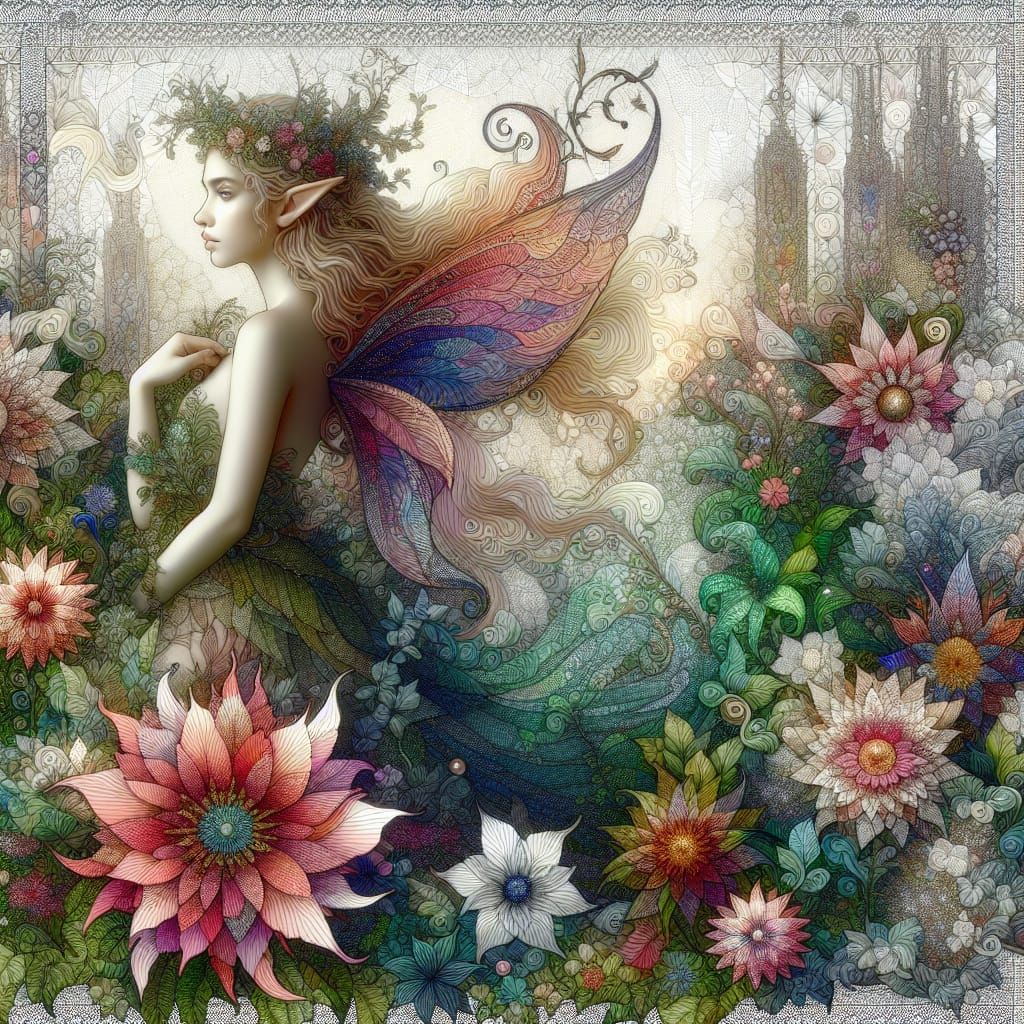 Elf in Enchanted Garden: Lace Embroidery Style