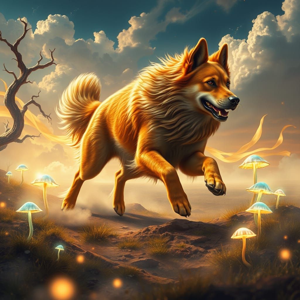 Majestic Dog Chases Horizon in Dreamlike Landscape