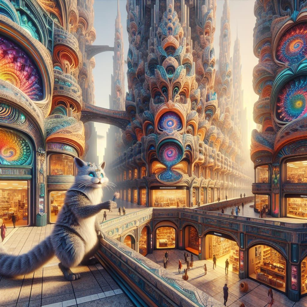 Whimsical Cat-Snake Hybrid in Hyper-Maximalist Cityscape