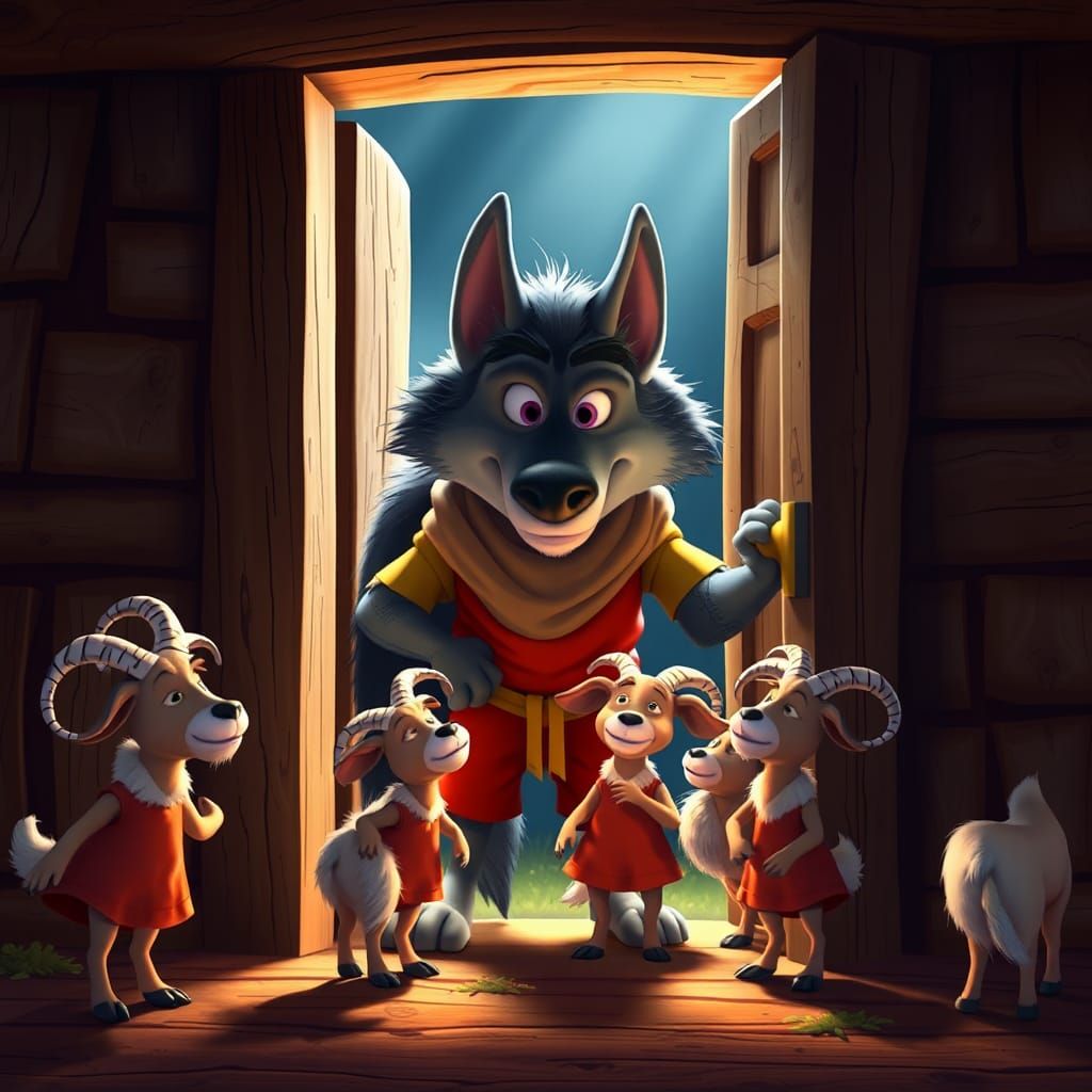 Big Wolf Knocks, Goats Scared: Pixar-Style 3D Cartoon