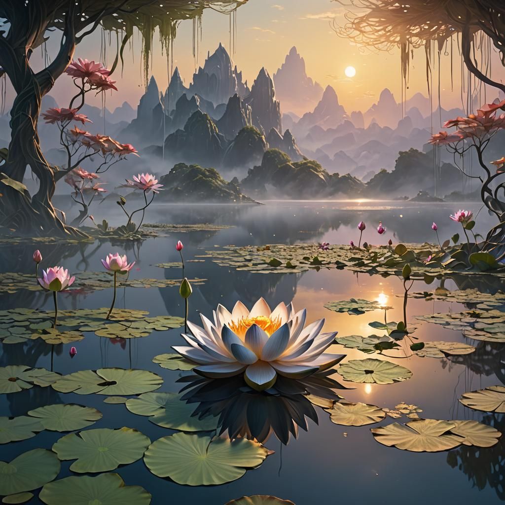 Metallic Lotus Dawn: Fantasy Concept Art in Triadic Colors