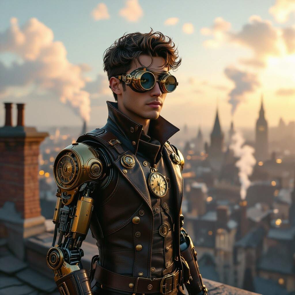 Steampunk Rooftop Overlook with Clockwork Man