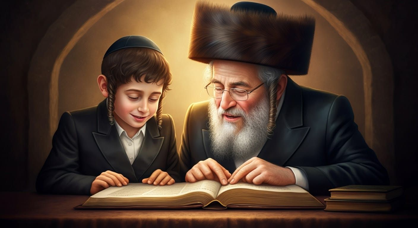 Father and Son Study Torah in Warm, Spiritual Atmosphere