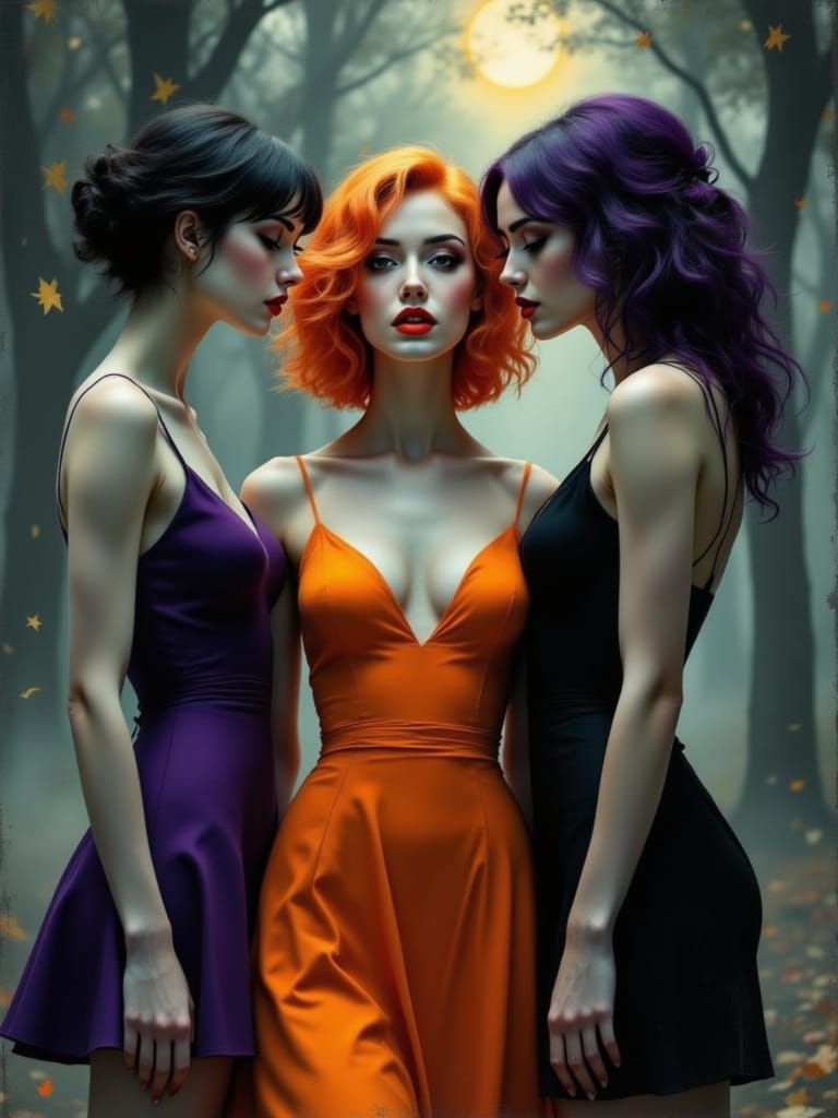 Three Sisters in Spooky Halloween Forest