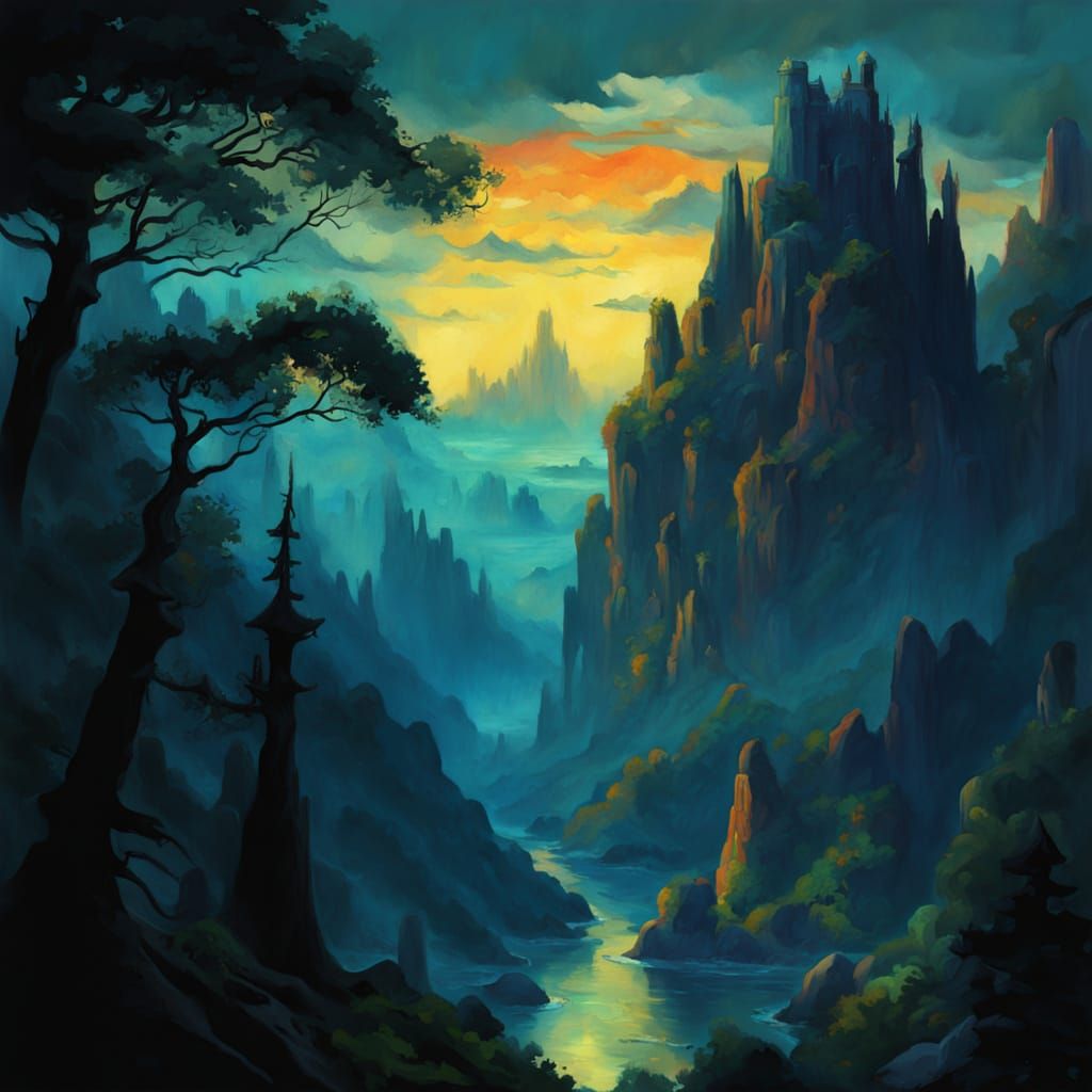 Fantastical Epic Landscape in Gouache Style