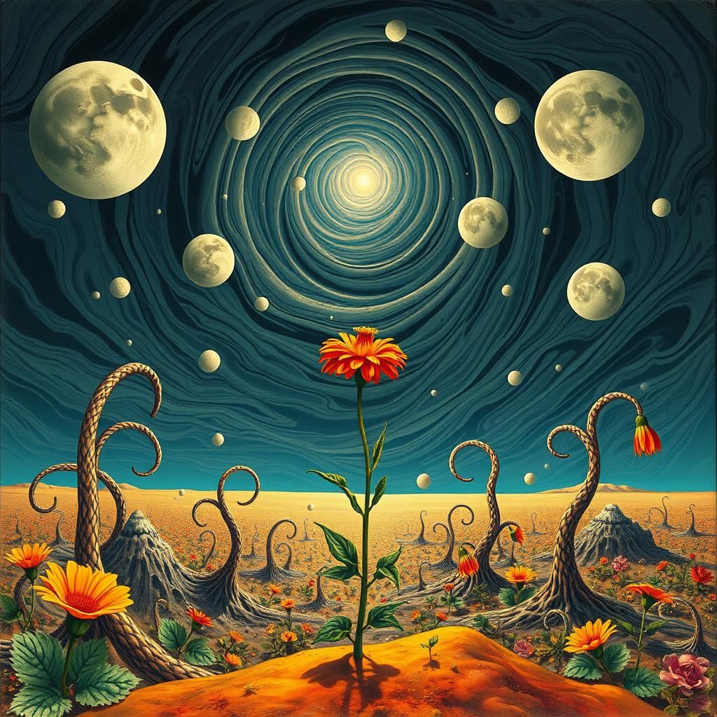 Surreal Landscape with Elastic Flora and Vortex