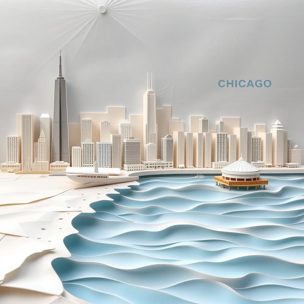 Paper Chicago Skyline on Lake Michigan Shoreline