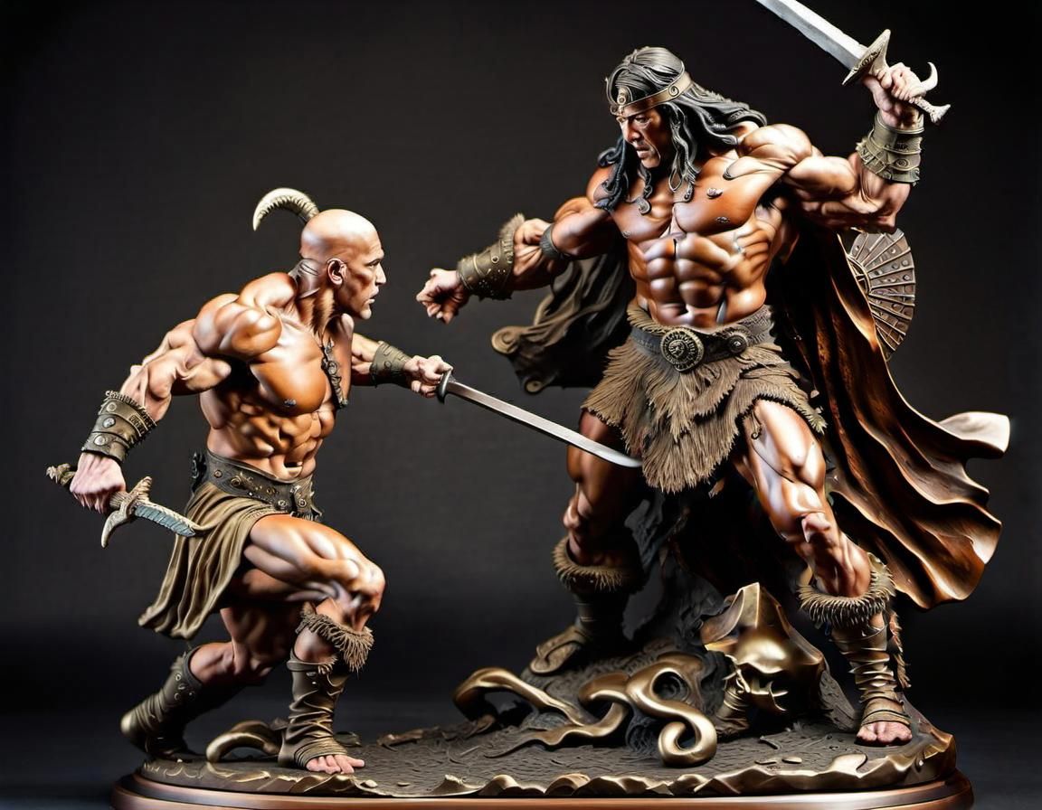 Bronze sculpture of Conan the Barbarian fighting a worthy adversary.