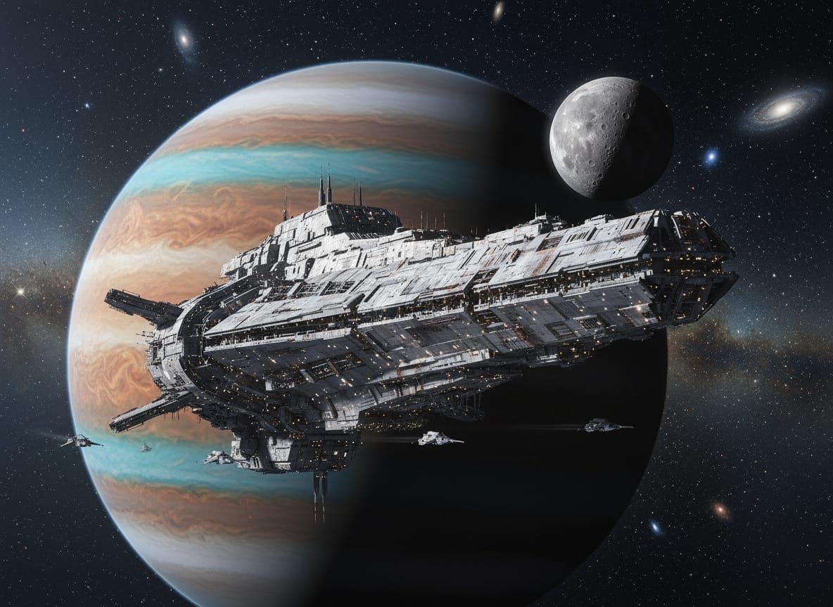 Colossal Starship Orbiting Gas Giant in Ultra Realistic Phot...