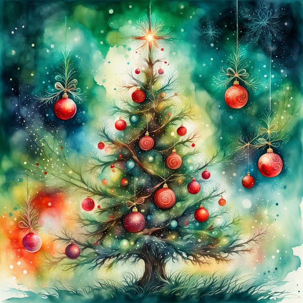 Whimsical Watercolor Christmas Scene, Afternoon Glow