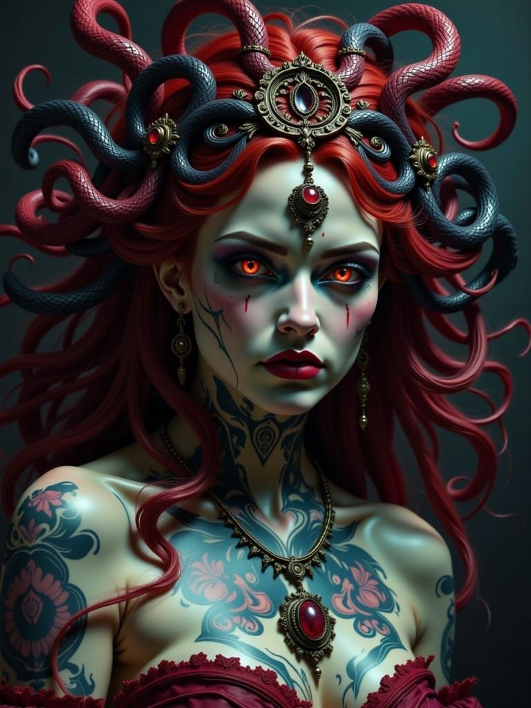 Medusa's Vengeful Gaze in Dark Fantasy Style