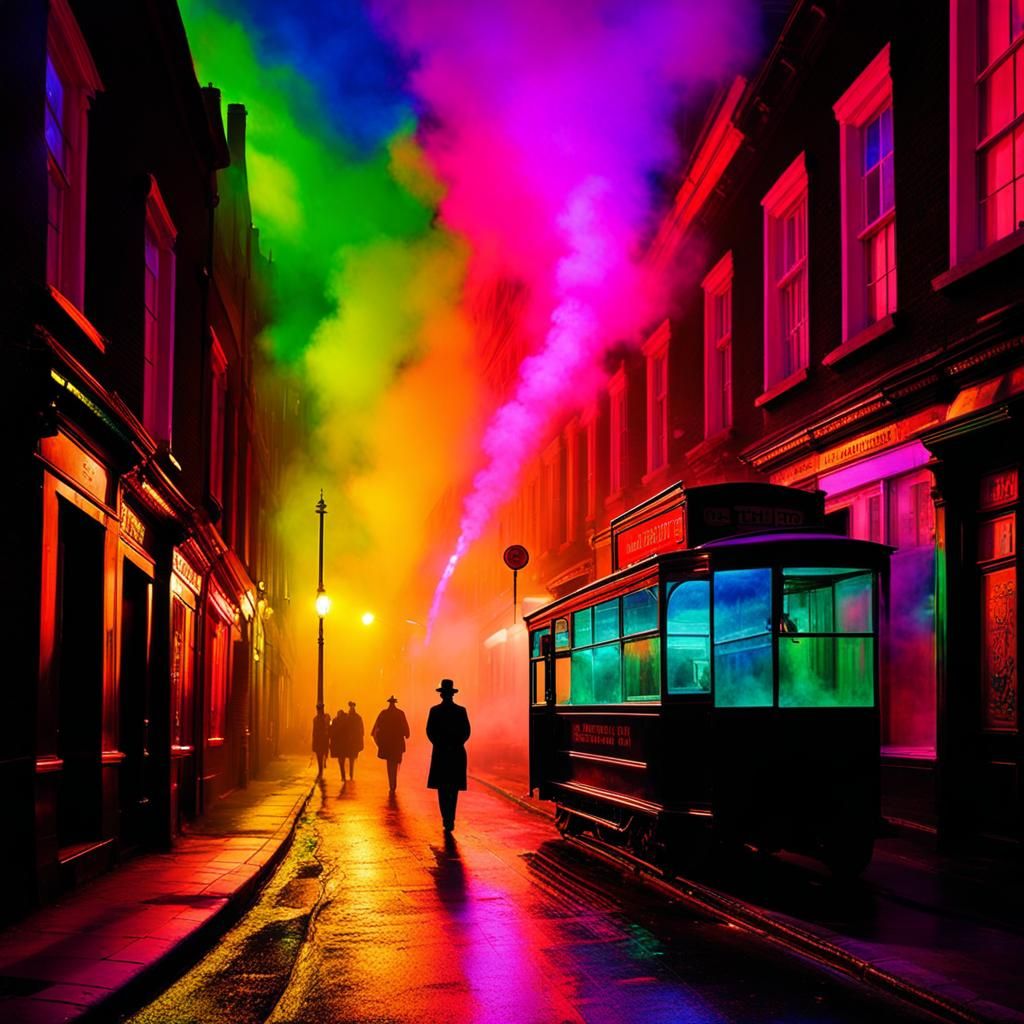 Misty 1880s London Street in Black Neon Light