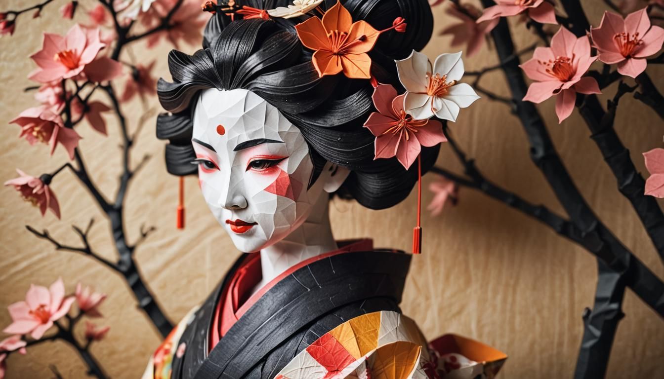Delicate Geisha Amidst Black Sakura Tree