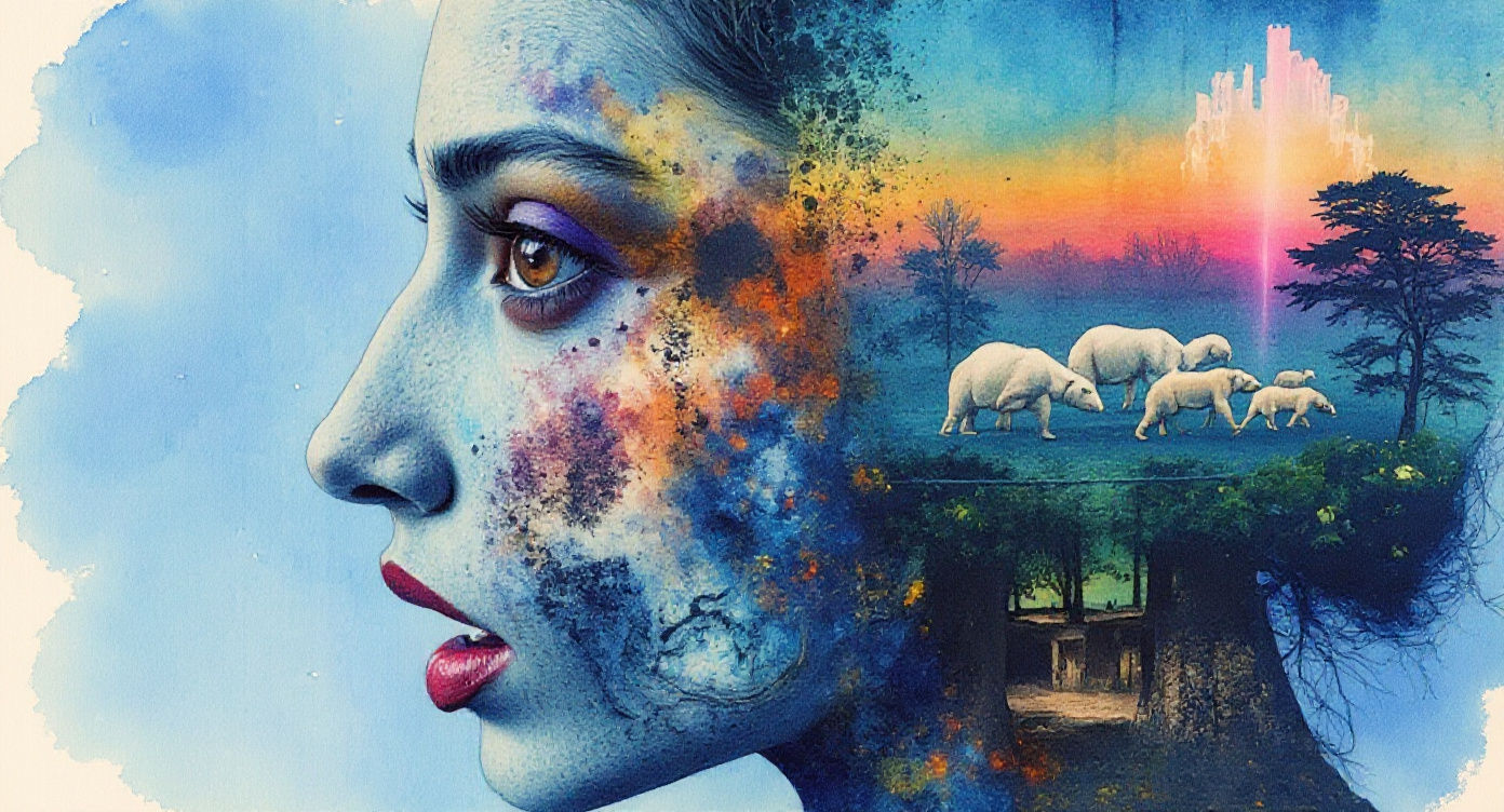 Fractal Woman in Dreamlike Zoo Landscape, Digital Art