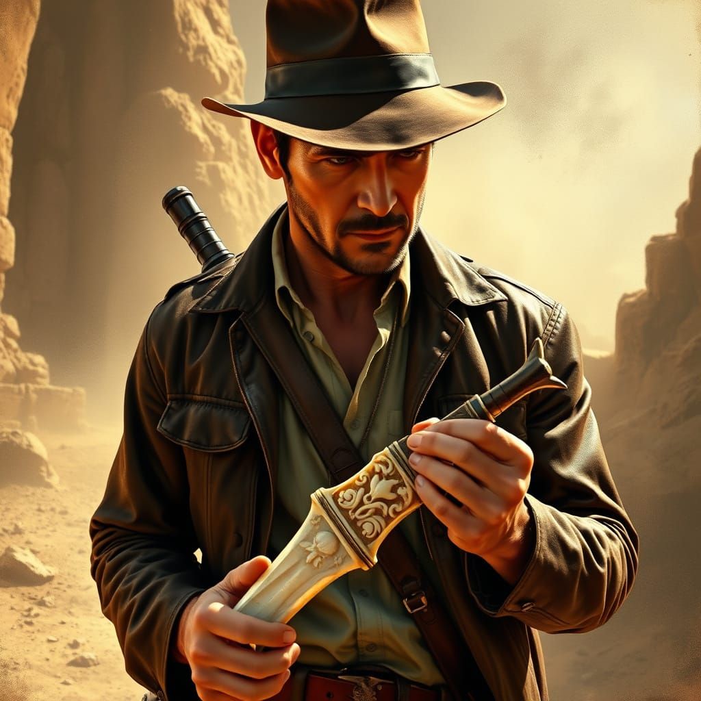 Indiana Jones Examines Ancient Jade Blade in Adventurous Sty...