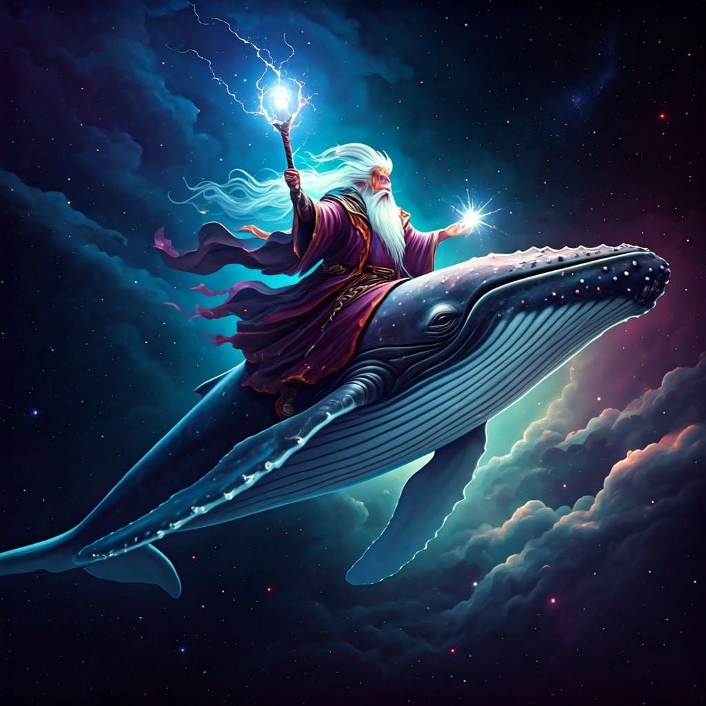 Vibrant Wizard Soars on Cosmic Whale Through Celestial Expan...