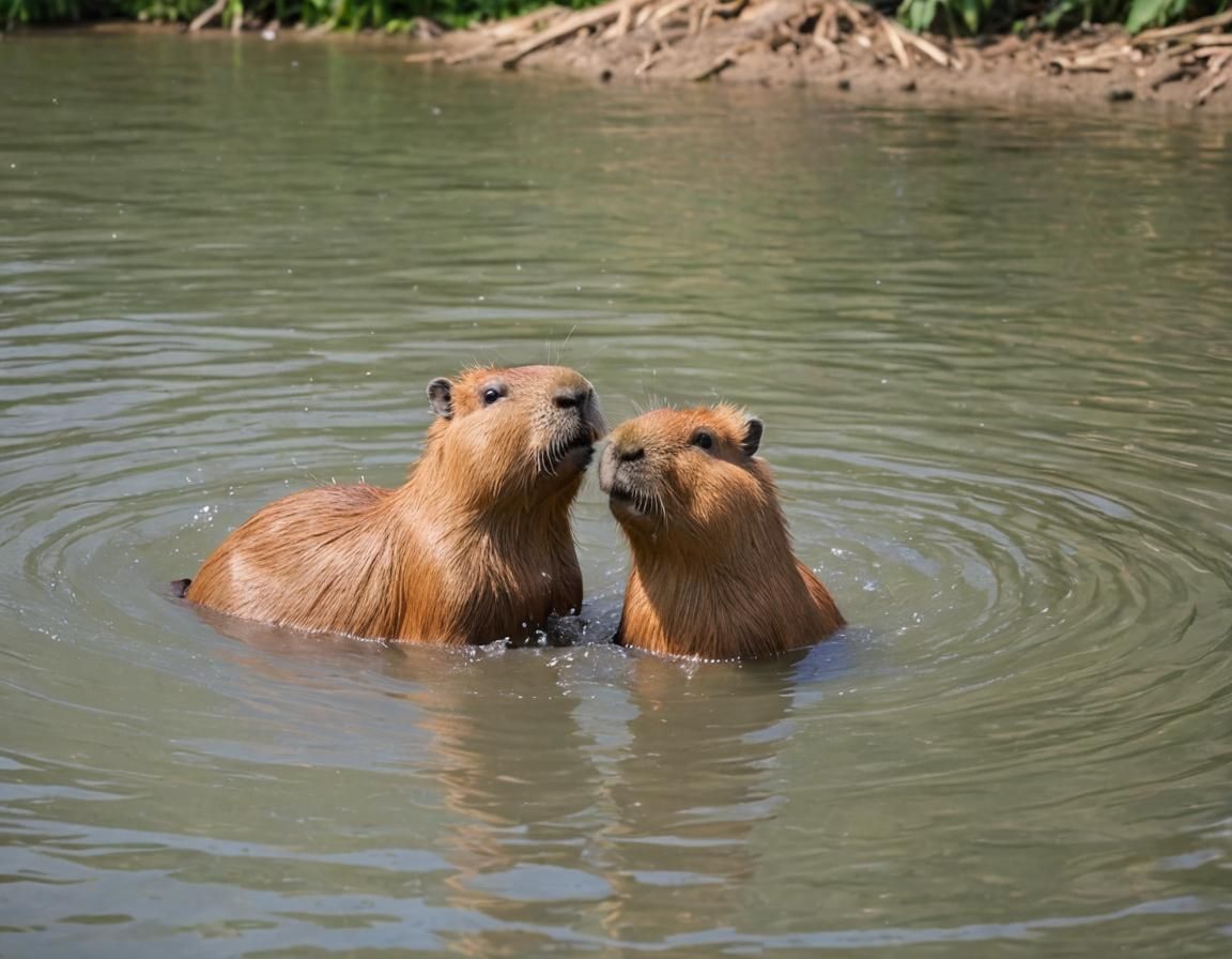 Cute Fluffy Capybaras Playing in Water