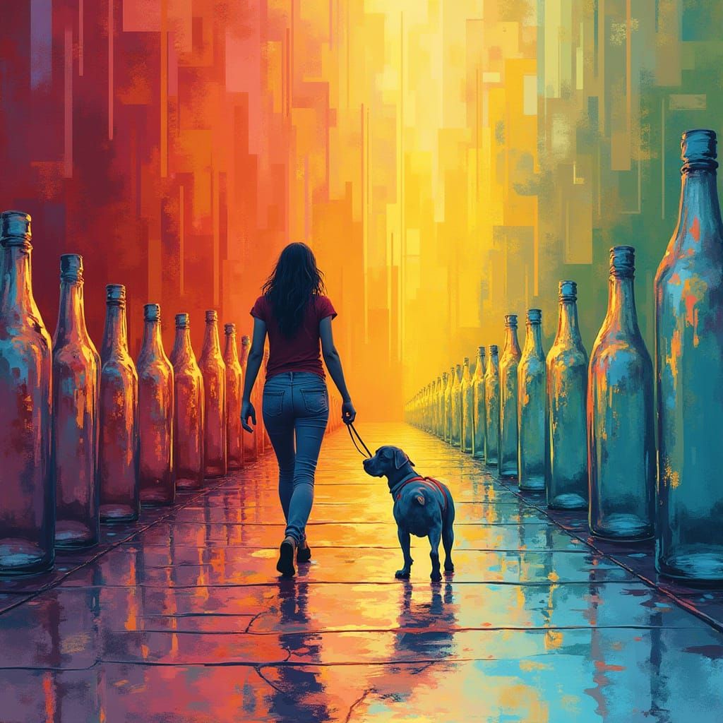Woman Walking Glass Bottle Dog in Pop Art Style