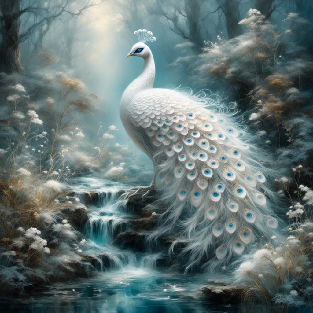 Magnificent White Peacock in Ethereal Setting