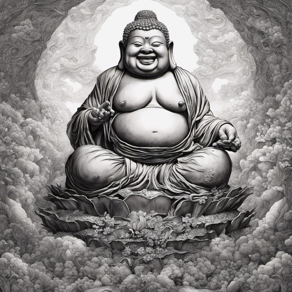 Detailed Pen and Ink Drawing of Hotei