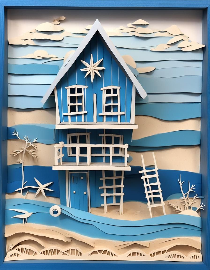 Whimsical Blue Cabin on Beach in Kirigami Style