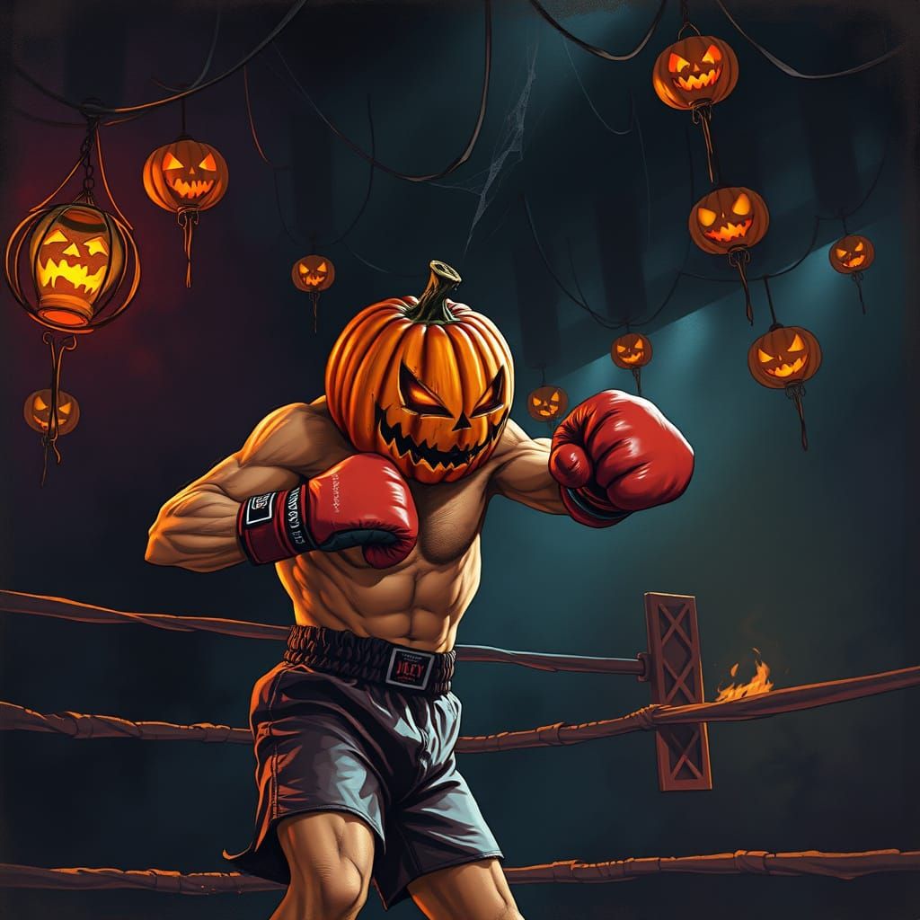 Halloween Boxer With Pumpkin Head in Dark Fantasy Style