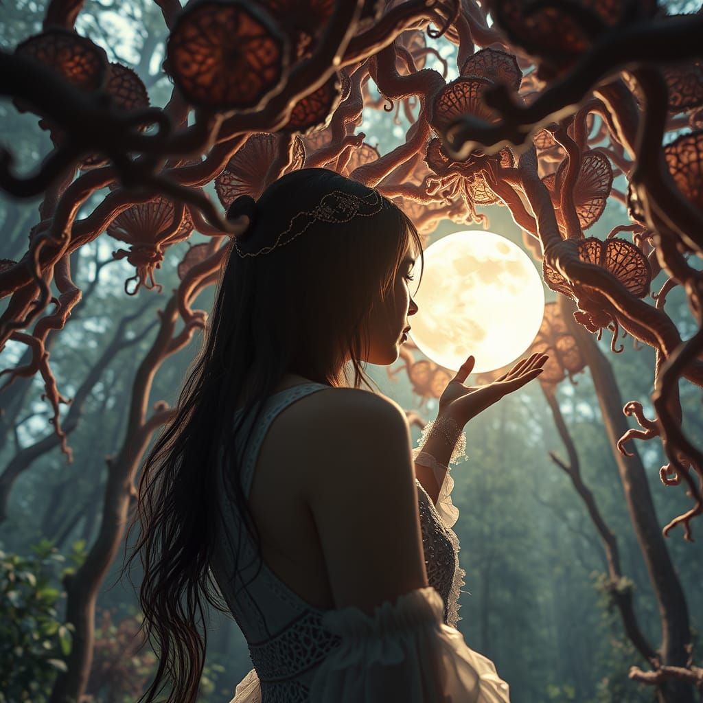 Transhumanist Woman Catches Sun and Moon in Forest