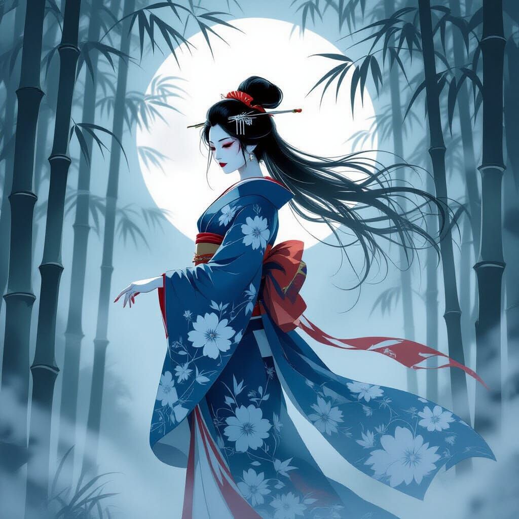 Spectral Geisha in Misty Bamboo Forest