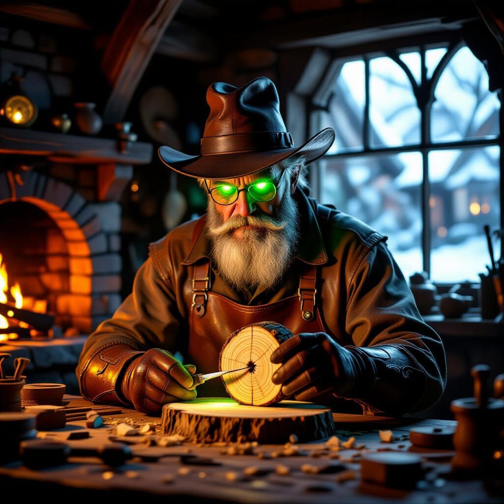 Stari stolar u radnom kožnom odelu sa kožnim šeširom i fluor...