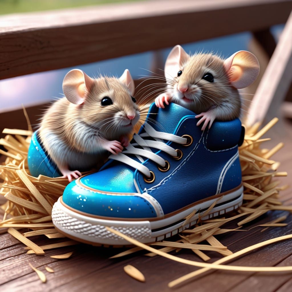 Cute Kawaii Baby Mice in a Cozy Shoe Haven