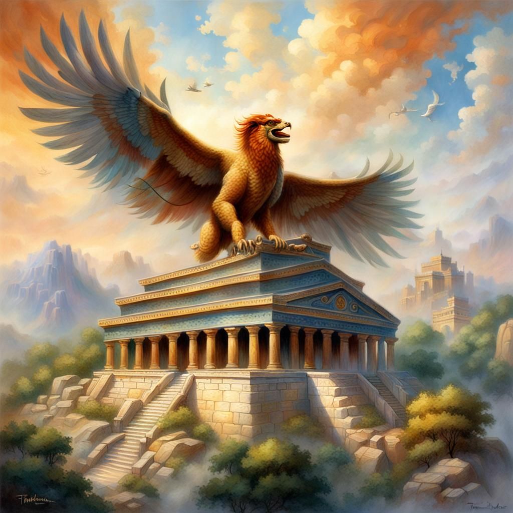 Griffin Flying Over Minoan Temple: Ethereal Fantasy