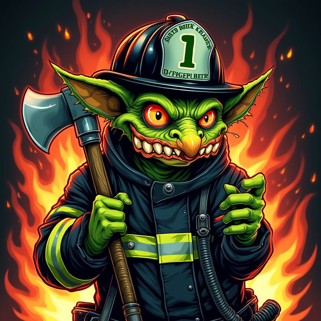 Cyberpunk Gremlin Firefighter in Flames